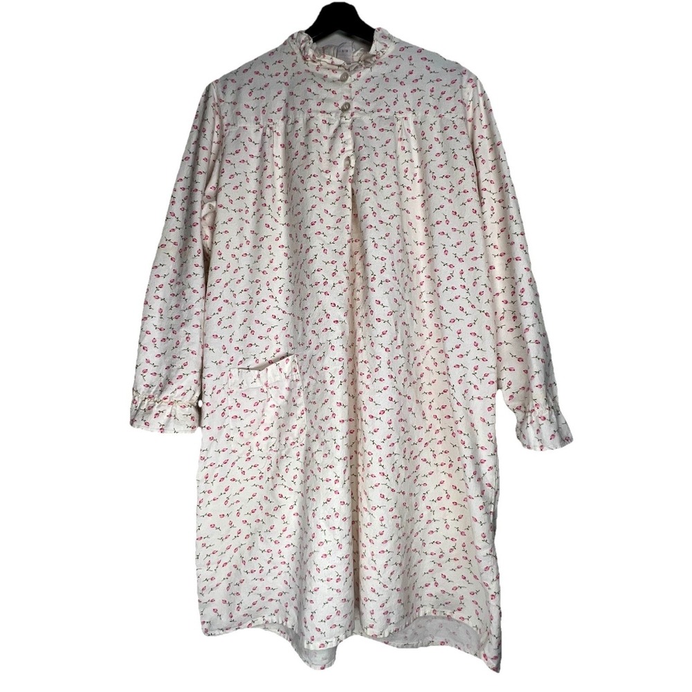 Vintage Women's Flannel Granny Nightgown M 12-14 Cream Roses Long‎ Sleeve Sears